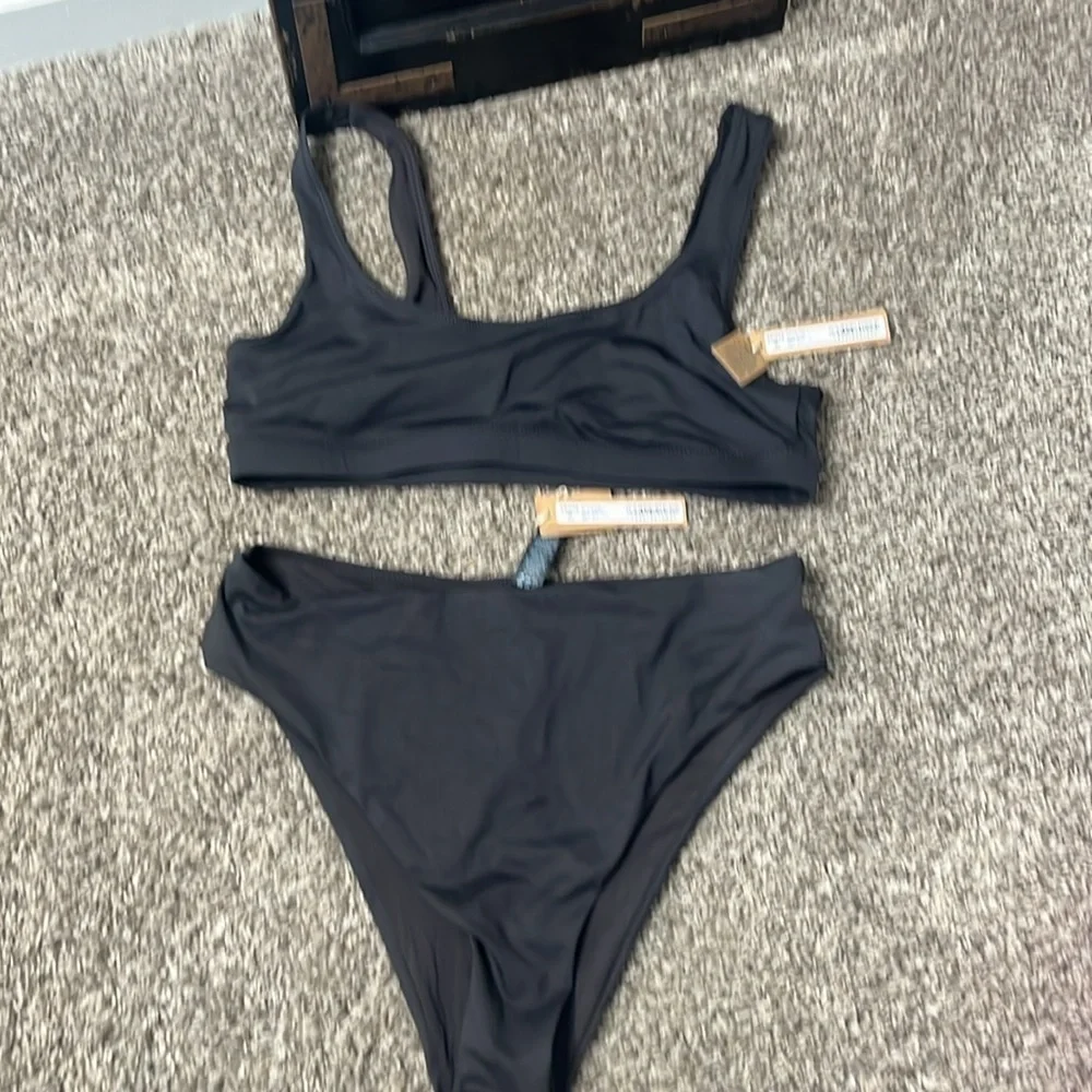 NWT SKIMS Signature Swim Mid Waist Bottom & tank bikini top Onyx Black Sz large